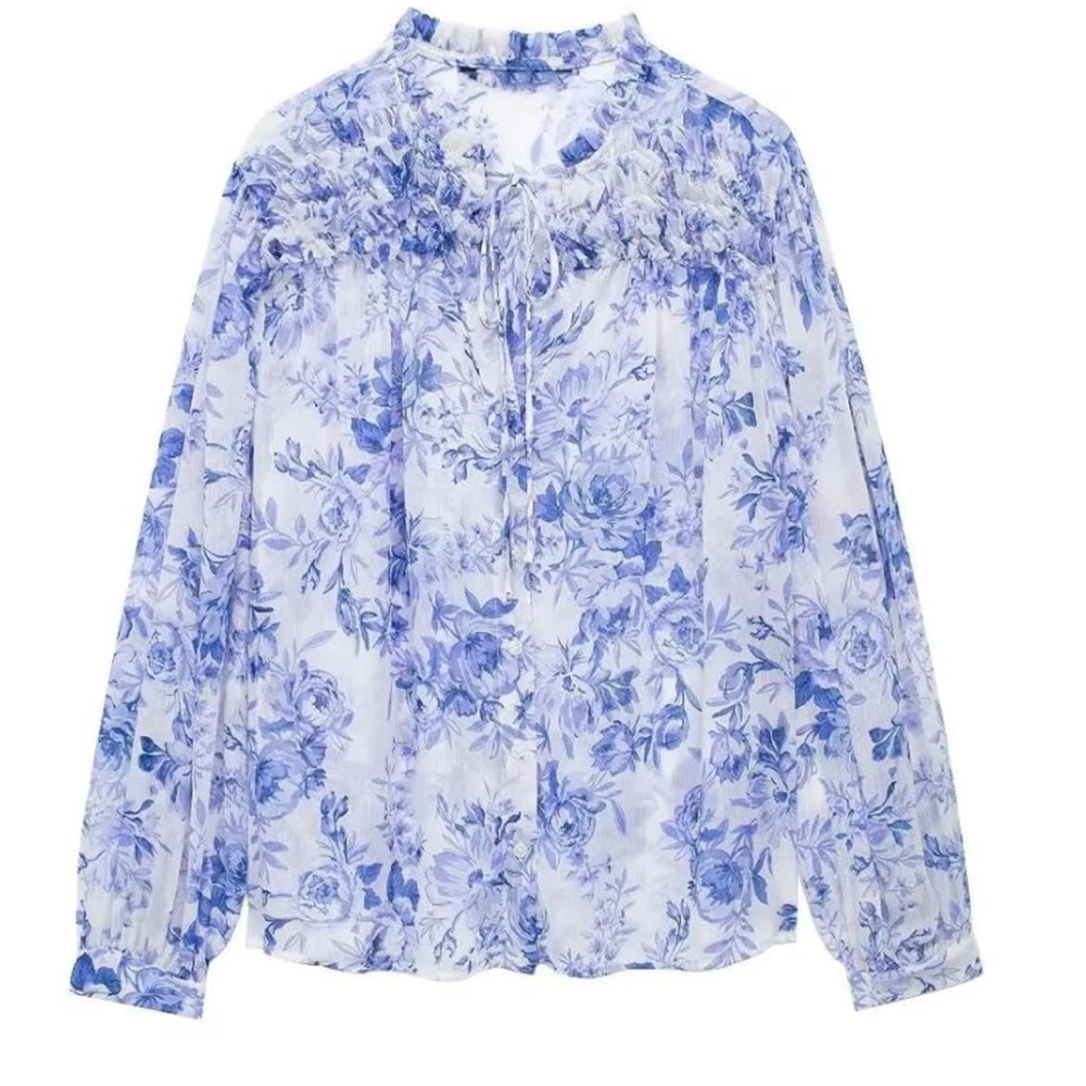 Zara White and Blue Floral Top never worn